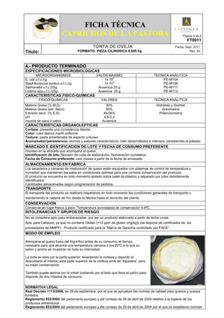 FICHA TÉCNICA
CAPRICHOS DE LA PASTORA Página 3 de 4
FT0011
Título:
TORTA DE OVEJA Fecha: Sept 2011
FORMATO: PIEZA CILINDRICA 0,600 kg Rev: 03
4.- PRODUCTO TERMINADO
ESPECIFICACIONES MICROBIOLOGICAS
MICROORGANISMOS VALOR MAXIMO TECNICA ANALITICA
E. coli u.f.c.//g.
Staphilococcus aureus u.f.c.//g.
Salmonella u.f.c./25g.
Listeria spp.u.f.c./25g.
1x 10
3
1x 10
3
Ausencia 25 g
Ausencia 25 g
PE-M104
PE-M108
PE-M111
PE-M112
CARACTERISTICAS FISICO-QUIMICAS
FISICO-QUIMICAS VALORES TECNICA ANALITICA
Materia Grasa (% M.G)
Materia Grasa (ext. Seco)
Extracto seco (% E.S)
pH
mezcla de vaca o cabra
30%
50%
49-56%
4,6-5.2
Ausencia
Hidrólisis y Soxhlet
Gravimetría
Potenciometría
CARACTERISTICAS ORGANOLEPTICAS
Corteza: presenta una consistencia blanda
Color: color blanco marfil uniforme
Textura: pasta amantecada de aspecto untuoso
Aroma/sabor/persistencia: aromas y sabores característicos, bien desarrollados e intensos, persistentes al paladar.
MARCADO E IDENTIFICACION DE LOTE Y FECHA DE CONSUMO PREFERENTE
Impreso en la etiqueta que acompaña al queso.
Identificación de lote: Número de cuba de elaboración: Numeración correlativa
Fecha de Consumo preferente: seis meses a partir de la fecha de envasado
ALMACENAMIENTO EN FABRICA
Los secaderos y cámaras de maduración de queso están equipados con sistemas de control de temperatura y
humedad que mantienen las salas en condiciones óptimas para una correcta conservación del producto.
El producto se encuentra en todo momento apilado sobre palet de plástico y separado por lotes debidamente
identificados.
Cantidades almacenadas según programación de pedidos.
TRANSPORTE
El transporte del producto se realizará respetando en todo momento las condiciones generales de transporte y
manteniendo la cadena de frío desde la fábrica hasta el domicilio del cliente.
CONSERVACION
Conservar en lugar fresco y seco. Temperatura aconsejada de conservación 4-8ºC.
INTOLERANCIAS Y GRUPOS DE RIESGO
No se considera apto para embarazadas por ser un producto elaborado a partir de leche cruda.
Apto para Celiacos, ya que no contiene Gluten (<10 ppm de gluten (mg/kg)) (se dispone de certificados de los
proveedores de MMPP). Producto certificado para la “Marca de Garantía controlado por FACE”.
MODO DE EMPLEO
Atemperar el queso fuera del frigorífico antes de su consumo, el tiempo
necesario para que alcance una temperatura cercana a los 20ºC a la que su
sabor y aroma se muestran en toda su intensidad.
La torta se abre por la parte superior, levantando la corteza y dejando al
descubierto el interior; esta parte superior de la corteza sirve de “tapadera” para
su mejor conservación.
También puede abrirse por la mitad (cortando por el lado que lleva el paño) para
disponer de dos mitades de consumo.
NORMATIVA LEGAL
Real Decreto 1113/2006, de 29 de septiembre, por el que se aprueban las normas de calidad para quesos y quesos
fundidos.
Reglamento 852/2004 del parlamento europeo y del consejo de 29 de abril de 2004 relativo a la higiene de los
productos alimenticios.
Reglamento 853/2004 del parlamento europeo y del consejo de 29 de abril de 2004 por el que se establecen normas
 