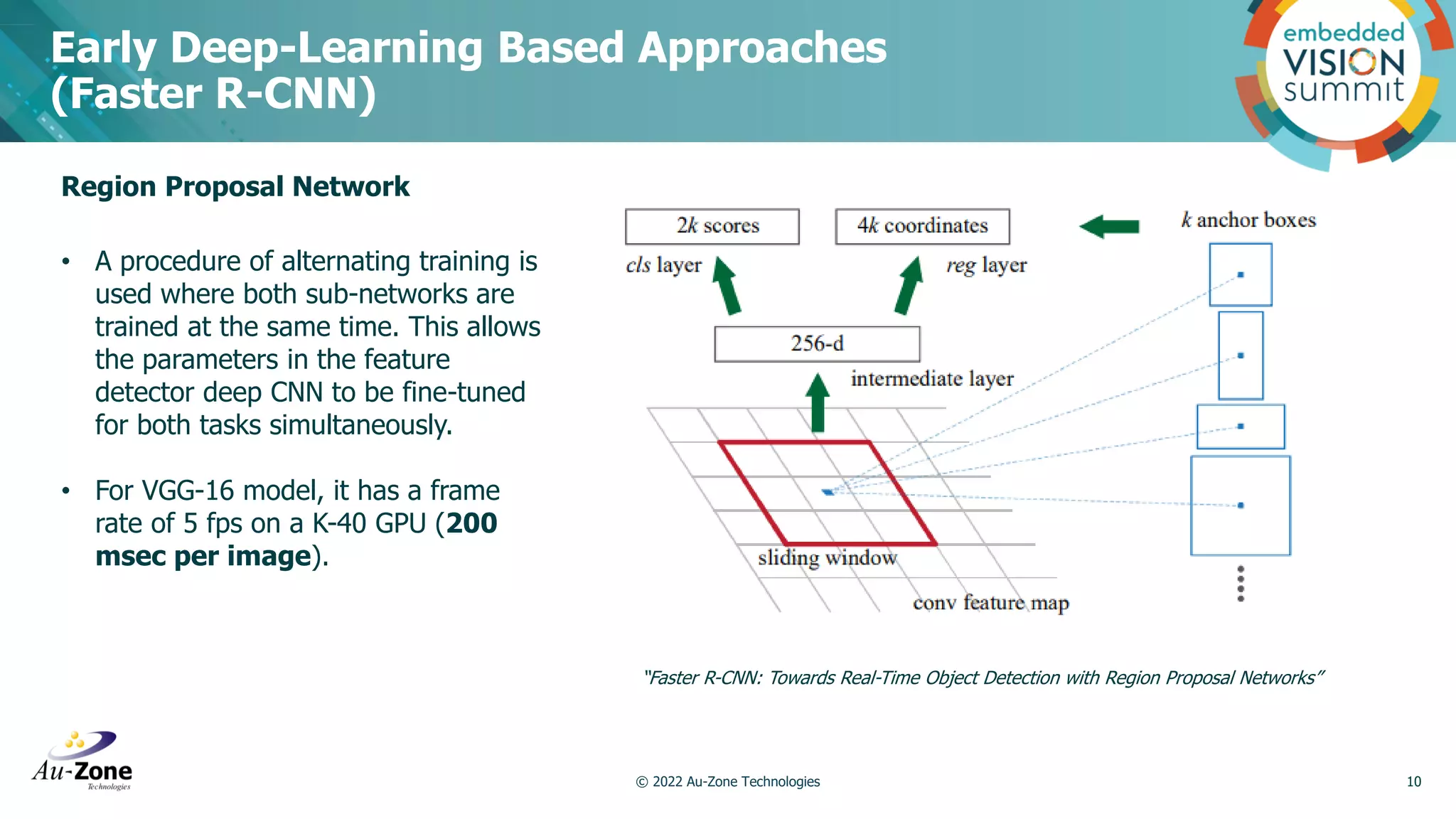 Early Deep-Learning Based Approaches (Faster R-CNN) © 2022 Au-Zone Technologies 10 Region Proposal Network • A procedure of alternating training is used where both sub-networks are trained at the same time. This allows the parameters in the feature detector deep CNN to be fine-tuned for both tasks simultaneously. • For VGG-16 model, it has a frame rate of 5 fps on a K-40 GPU (200 msec per image). “Faster R-CNN: Towards Real-Time Object Detection with Region Proposal Networks” 