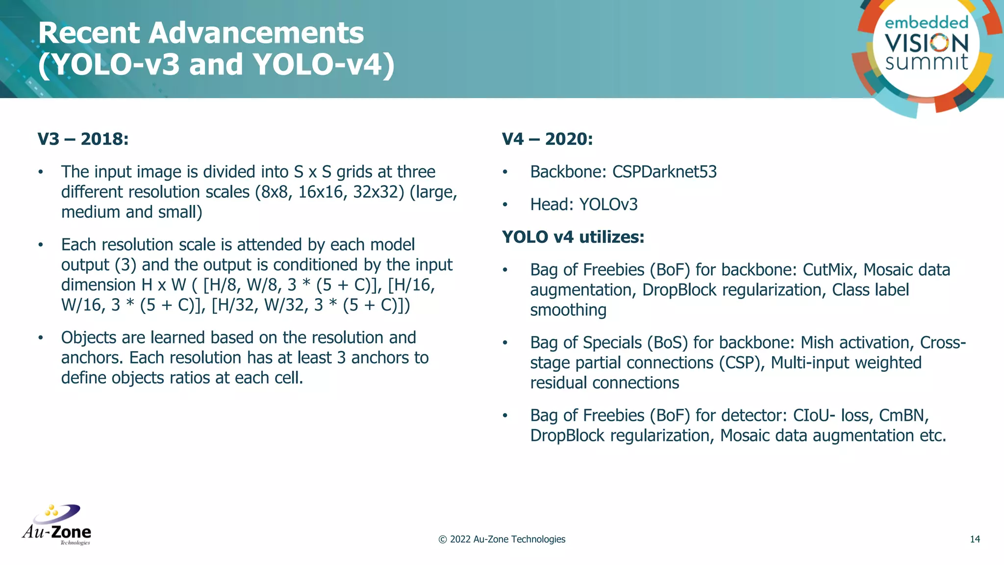 V3 – 2018: • The input image is divided into S x S grids at three different resolution scales (8x8, 16x16, 32x32) (large, medium and small) • Each resolution scale is attended by each model output (3) and the output is conditioned by the input dimension H x W ( [H/8, W/8, 3 * (5 + C)], [H/16, W/16, 3 * (5 + C)], [H/32, W/32, 3 * (5 + C)]) • Objects are learned based on the resolution and anchors. Each resolution has at least 3 anchors to define objects ratios at each cell. V4 – 2020: • Backbone: CSPDarknet53 • Head: YOLOv3 YOLO v4 utilizes: • Bag of Freebies (BoF) for backbone: CutMix, Mosaic data augmentation, DropBlock regularization, Class label smoothing • Bag of Specials (BoS) for backbone: Mish activation, Cross- stage partial connections (CSP), Multi-input weighted residual connections • Bag of Freebies (BoF) for detector: CIoU- loss, CmBN, DropBlock regularization, Mosaic data augmentation etc. Recent Advancements (YOLO-v3 and YOLO-v4) 14 © 2022 Au-Zone Technologies 