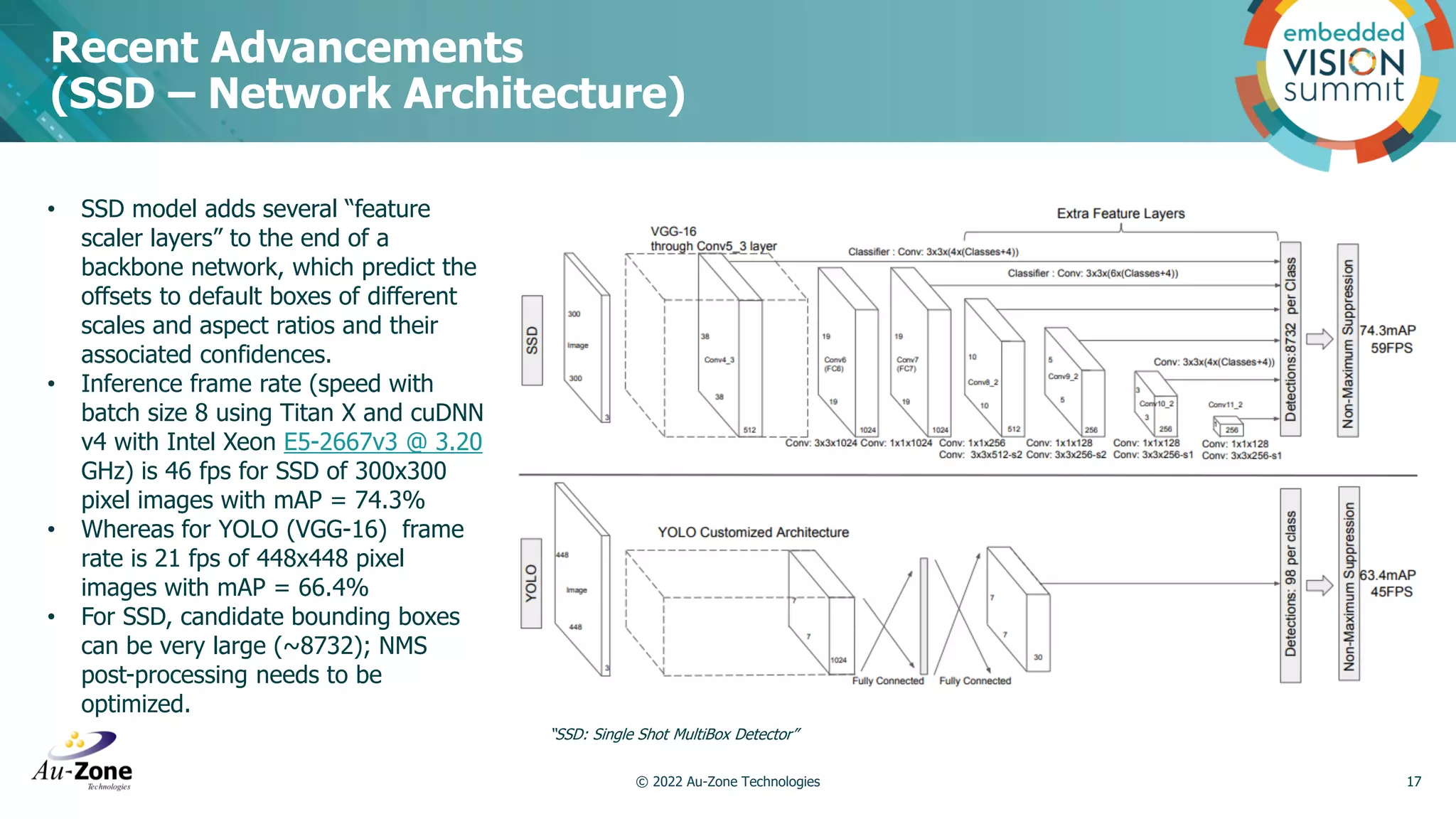 Recent Advancements (SSD – Network Architecture) © 2022 Au-Zone Technologies 17 “SSD: Single Shot MultiBox Detector” • SSD model adds several “feature scaler layers” to the end of a backbone network, which predict the offsets to default boxes of different scales and aspect ratios and their associated confidences. • Inference frame rate (speed with batch size 8 using Titan X and cuDNN v4 with Intel Xeon E5-2667v3 @ 3.20 GHz) is 46 fps for SSD of 300x300 pixel images with mAP = 74.3% • Whereas for YOLO (VGG-16) frame rate is 21 fps of 448x448 pixel images with mAP = 66.4% • For SSD, candidate bounding boxes can be very large (~8732); NMS post-processing needs to be optimized. 