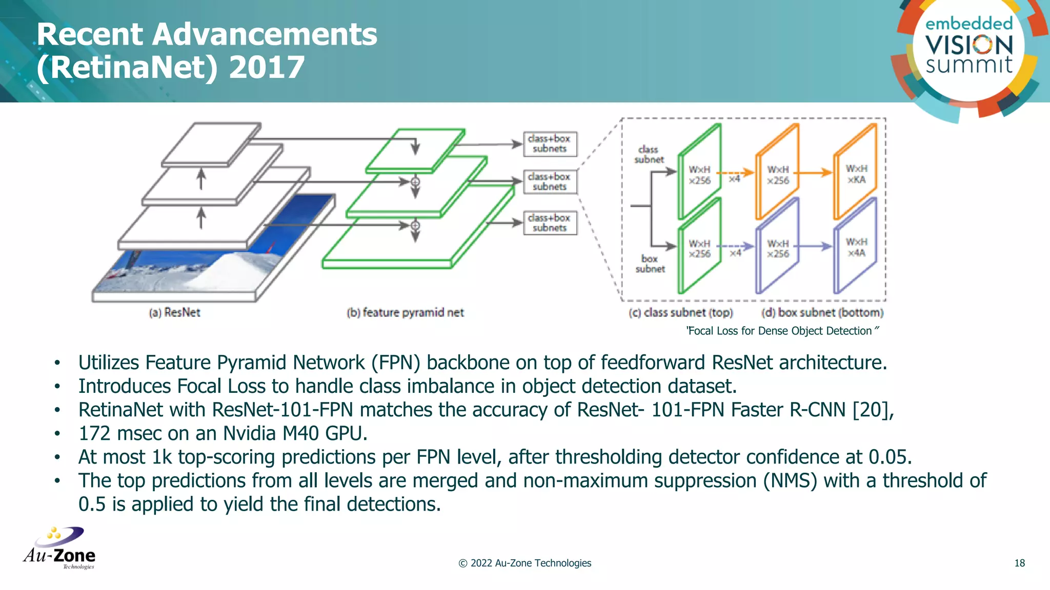 Recent Advancements (RetinaNet) 2017 © 2022 Au-Zone Technologies 18 • Utilizes Feature Pyramid Network (FPN) backbone on top of feedforward ResNet architecture. • Introduces Focal Loss to handle class imbalance in object detection dataset. • RetinaNet with ResNet-101-FPN matches the accuracy of ResNet- 101-FPN Faster R-CNN [20], • 172 msec on an Nvidia M40 GPU. • At most 1k top-scoring predictions per FPN level, after thresholding detector confidence at 0.05. • The top predictions from all levels are merged and non-maximum suppression (NMS) with a threshold of 0.5 is applied to yield the final detections. “Focal Loss for Dense Object Detection” 