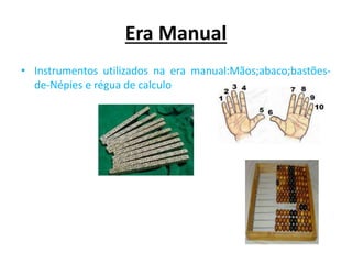 Era Manual
• Instrumentos utilizados na era manual:Mãos;abaco;bastões-
de-Népies e régua de calculo
 
