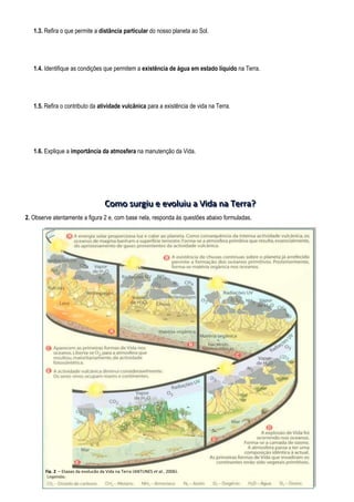 1.3. Refira o que permite a distância particular do nosso planeta ao Sol.
1.4. Identifique as condições que permitem a existência de água em estado líquido na Terra.
1.5. Refira o contributo da atividade vulcânica para a existência de vida na Terra.
1.6. Explique a importância da atmosfera na manutenção da Vida.
C
C
Co
o
om
m
mo
o
o s
s
su
u
ur
r
rg
g
gi
iiu
u
u e
e
e e
e
ev
v
vo
o
ol
llu
u
ui
iiu
u
u a
a
a V
V
Vi
iid
d
da
a
a n
n
na
a
a T
T
Te
e
er
r
rr
r
ra
a
a?
?
?
2. Observe atentamente a figura 2 e, com base nela, responda às questões abaixo formuladas.
Fig. 2 – Etapas da evolução da Vida na Terra (ANTUNES et al., 2006).
 