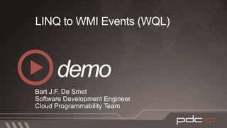 IQbservable<T>LINQ to WMI EventsHow?ToQbservableTranslatable(Expression trees)IQueryable<T>LINQ to SQLToQueryableLINQ to *.*AsObservableHomo-iconicAsEnumerableAsQbservableAsQueryableToObservableIEnumerable<T>LINQ to ObjectsIObservable<T>LINQ to EventsFixed(MSIL)ToEnumerablePull(interactive)Push(reactive)What?DualityConcurrency(IScheduler)Where?Message loopsDistributedWorker poolsThreads