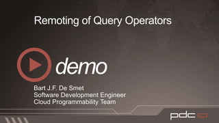Where execution happensIScheduler parameterizationBaked in notion of “where”?Entry-point for the schemaCustom schedulers could be very rich (e.g. server farm)varctx = new NorthwindDataContext(); var res = from product inctx.Productswhereproduct.Price > 100mselectproduct.Name;Decoupled “what” from “where”foreach(varproduct inres.RemoteOn(newSqlScheduler(“server”)))    // Process product