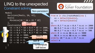 Where execution happensExpression tree remotingRx .NETfromtickerinstockswhereticker.Symbol == “MSFT”selectticker.QuoteObservable data sourceJSON              serializerRetargeting to AJAXRxJSstocks.Where(function (t) { returnt.Symbol == “MSFT”; }).Select(function (t) { returnt.Quote; })