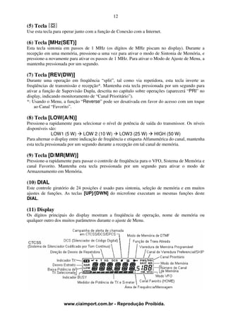 12

(5) Tecla
Use esta tecla para operar junto com a função de Conexão com a Internet.

(6) Tecla [MHz(SET)]
Esta tecla sintonia em passos de 1 MHz (os dígitos de MHz piscam no display). Durante a
recepção em uma memória, pressione-a uma vez para ativar o modo de Sintonia de Memória, e
pressione-a novamente para ativar os passos de 1 MHz. Para ativar o Modo de Ajuste de Menu, a
mantenha pressionada por um segundo.

(7) Tecla [REV(DW)]
Durante uma operação em freqüência “split”, tal como via repetidora, esta tecla inverte as
freqüências de transmissão e recepção*. Mantenha esta tecla pressionada por um segundo para
ativar a função de Supervisão Dupla, descrita no capítulo sobre operações (aparecerá “PRI” no
display, indicando monitoramento de “Canal Prioritário”).
*: Usando o Menu, a função “Reverse” pode ser desativada em favor do acesso com um toque
    ao Canal “Favorito”.

(8) Tecla [LOW(A/N)]
Pressione-a rapidamente para selecionar o nível de potência de saída do transmissor. Os níveis
disponíveis são:
              LOW1 (5 W)        LOW 2 (10 W)       LOW3 (25 W)        HIGH (50 W)
Para alternar o display entre indicação de freqüência e etiqueta Alfanumérica do canal, mantenha
esta tecla pressionada por um segundo durante a recepção em tal canal de memória.

(9) Tecla [D/MR(MW)]
Pressione-a rapidamente para passar o controle de freqüência para o VFO, Sistema de Memória e
canal Favorito. Mantenha esta tecla pressionada por um segundo para ativar o modo de
Armazenamento em Memória.

(10) DIAL
Este controle giratório de 24 posições é usado para sintonia, seleção de memória e em muitos
ajustes de funções. As teclas [UP]/[DWN] do microfone executam as mesmas funções deste
DIAL.

(11) Display
Os dígitos principais do display mostram a freqüência de operação, nome de memória ou
qualquer outro dos muitos parâmetros durante o ajuste de Menu.




                    www.ciaimport.com.br - Reprodução Proibida.
 