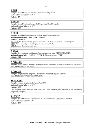 62

4 ARS
Função: Ativa/Desativa o Desvio Automático de Repetidora.
Valores Disponíveis: ON / OFF
Padrão: ON

5 BCLO
Função: Ativa/Desativa a função de Bloqueio de Canal Ocupado.
Valores Disponíveis: ON / OFF
Padrão: OFF

6 BEEP
Função: Ativa/Desativa a emissão de bipe por teclas pressionadas.
Valores Disponíveis: KY+SCN / KEY / OFF
Padrão: KY+SCN
KY+SCN: Você ouvirá bipes quando pressionar o teclado, ou quando o scanner parar.
KEY: Você ouvirá bipes quando pressionar qualquer tecla.
OFF: Emissão de bipes desativada.

7 BELL
Função: Seleciona as repetições da Campainha de Alerta de CTCSS/DCS/EPCS.
Valores Disponíveis: 1 / 3 / 5 / 8 / CNTNUE (Toque contínuo) / OFF
Padrão: OFF

8 BNK.LNK
Função: Seleciona o(s) Banco(s) de Memória para Varredura de Banco de Memória Vinculado.
Veja detalhes em “VARREDURAS”.

9 BNK NM
Função: Programa uma etiqueta Alfanumérica para um Banco de Memória.
Veja detalhes em “OPERAÇÕES DE MEMÓRIA”.

10 CLK.SFT
Função: Muda a freqüência de “clock” da CPU.
Valores Disponíveis: ON / OFF
Padrão: OFF
Esta função é usada somente para mover um “sinal não-desejado” espúrio, se ele entra numa
freqüência desejada.

11 CW ID
Função: Ativa/Desativa o Identificador de CW durante uma Operação de ARTS™.
Valores Disponíveis: ON / OFF
Padrão: OFF




                        www.ciaimport.com.br - Reprodução Proibida.
 