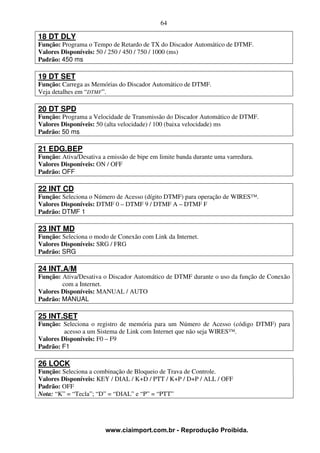 64

18 DT DLY
Função: Programa o Tempo de Retardo de TX do Discador Automático de DTMF.
Valores Disponíveis: 50 / 250 / 450 / 750 / 1000 (ms)
Padrão: 450 ms

19 DT SET
Função: Carrega as Memórias do Discador Automático de DTMF.
Veja detalhes em “DTMF”.

20 DT SPD
Função: Programa a Velocidade de Transmissão do Discador Automático de DTMF.
Valores Disponíveis: 50 (alta velocidade) / 100 (baixa velocidade) ms
Padrão: 50 ms

21 EDG.BEP
Função: Ativa/Desativa a emissão de bipe em limite banda durante uma varredura.
Valores Disponíveis: ON / OFF
Padrão: OFF

22 INT CD
Função: Seleciona o Número de Acesso (dígito DTMF) para operação de WIRES™.
Valores Disponíveis: DTMF 0 – DTMF 9 / DTMF A – DTMF F
Padrão: DTMF 1

23 INT MD
Função: Seleciona o modo de Conexão com Link da Internet.
Valores Disponíveis: SRG / FRG
Padrão: SRG

24 INT.A/M
Função: Ativa/Desativa o Discador Automático de DTMF durante o uso da função de Conexão
        com a Internet.
Valores Disponíveis: MANUAL / AUTO
Padrão: MANUAL

25 INT.SET
Função: Seleciona o registro de memória para um Número de Acesso (código DTMF) para
         acesso a um Sistema de Link com Internet que não seja WIRES™.
Valores Disponíveis: F0 – F9
Padrão: F1

26 LOCK
Função: Seleciona a combinação de Bloqueio de Trava de Controle.
Valores Disponíveis: KEY / DIAL / K+D / PTT / K+P / D+P / ALL / OFF
Padrão: OFF
Nota: “K” = “Tecla”; “D” = “DIAL” e “P” = “PTT”




                        www.ciaimport.com.br - Reprodução Proibida.
 