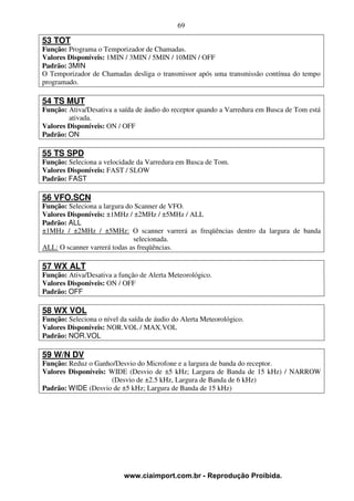 69

53 TOT
Função: Programa o Temporizador de Chamadas.
Valores Disponíveis: 1MIN / 3MIN / 5MIN / 10MIN / OFF
Padrão: 3MIN
O Temporizador de Chamadas desliga o transmissor após uma transmissão contínua do tempo
programado.

54 TS MUT
Função: Ativa/Desativa a saída de áudio do receptor quando a Varredura em Busca de Tom está
        ativada.
Valores Disponíveis: ON / OFF
Padrão: ON

55 TS SPD
Função: Seleciona a velocidade da Varredura em Busca de Tom.
Valores Disponíveis: FAST / SLOW
Padrão: FAST

56 VFO.SCN
Função: Seleciona a largura do Scanner de VFO.
Valores Disponíveis: ±1MHz / ±2MHz / ±5MHz / ALL
Padrão: ALL
±1MHz / ±2MHz / ±5MHz: O scanner varrerá as freqüências dentro da largura de banda
                              selecionada.
ALL: O scanner varrerá todas as freqüências.

57 WX ALT
Função: Ativa/Desativa a função de Alerta Meteorológico.
Valores Disponíveis: ON / OFF
Padrão: OFF

58 WX VOL
Função: Seleciona o nível da saída de áudio do Alerta Meteorológico.
Valores Disponíveis: NOR.VOL / MAX.VOL
Padrão: NOR.VOL

59 W/N DV
Função: Reduz o Ganho/Desvio do Microfone e a largura de banda do receptor.
Valores Disponíveis: WIDE (Desvio de ±5 kHz; Largura de Banda de 15 kHz) / NARROW
                      (Desvio de ±2.5 kHz, Largura de Banda de 6 kHz)
Padrão: WIDE (Desvio de ±5 kHz; Largura de Banda de 15 kHz)




                           www.ciaimport.com.br - Reprodução Proibida.
 