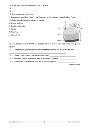 2.2. Entre que profundidades se encontra a camada:
2.2.1. C? ____________________________
2.2.2. E? ____________________________
2.3. Em que camada existe vida? ______________________
3. Observa com atenção a figura 2, que ilustra a estrutura da parte superficial da Terra.
3.1. Faz a legenda da figura, usando os termos:
A – Crosta oceânica
B – Crosta continental
C – Manto
D – Litosfera
E – Astenosfera




3.2. Faz corresponder os termos da questão anterior a cada uma das afirmações que se
seguem:
3.2.1. Camada rígida que corresponde aproximadamente a metade do volume da Terra.
_________________________________________________________________
3.2.2. Constitui uma camada com materiais em fusão. _____________________________
3.2.3. A crosta e a parte superior do manto formam esta camada. ___________________
3.2.4. Camada fina e recente que constitui os fundos oceânicos. _____________________
                                                                                 Bom trabalho!




8ºAno – Ciências Naturais                    ~2~                               Ficha de trabalho nº1
 