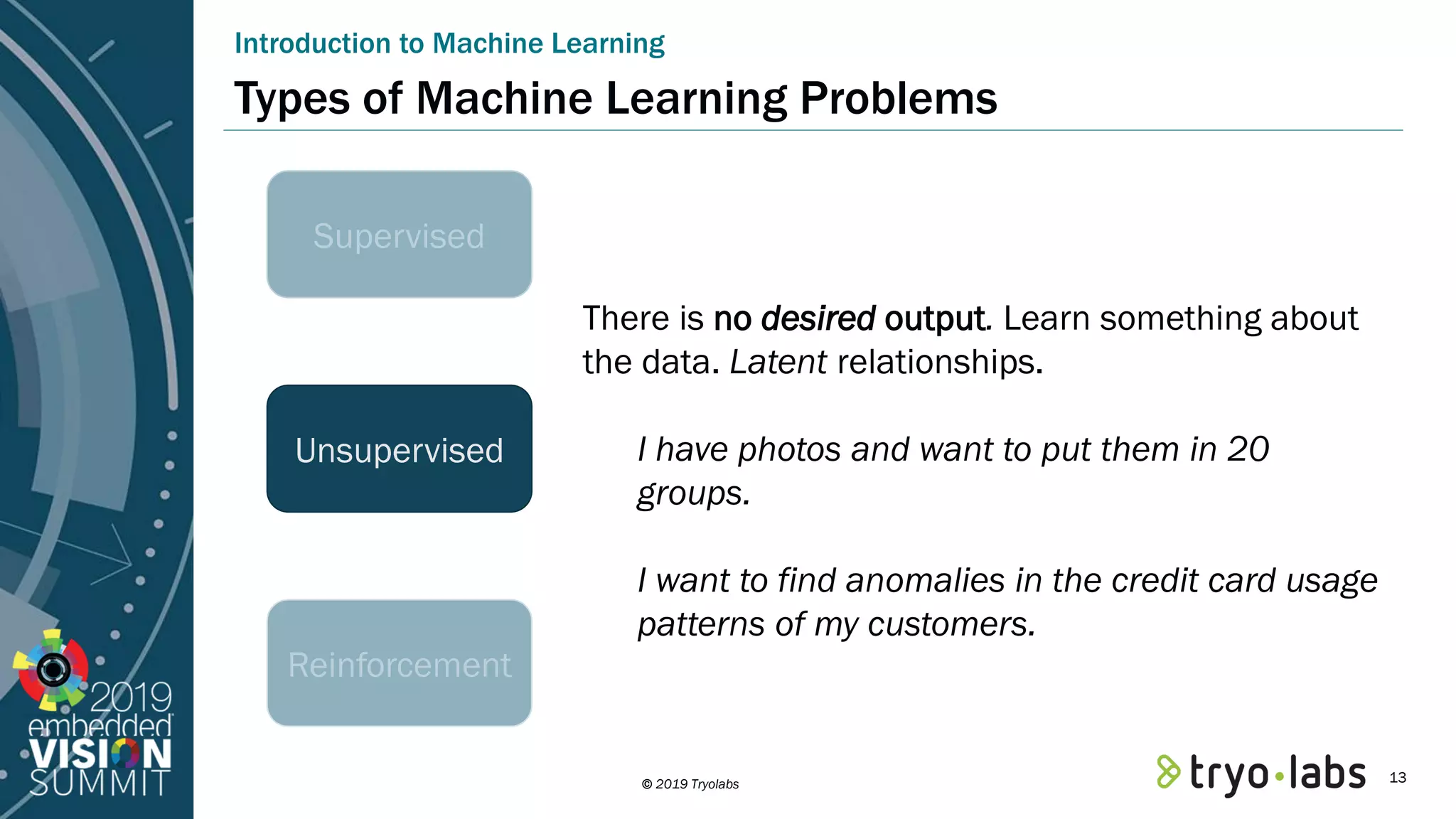 © 2019 Tryolabs Unsupervised Types of Machine Learning Problems Introduction to Machine Learning Supervised Reinforcement There is no desired output. Learn something about the data. Latent relationships. I have photos and want to put them in 20 groups. I want to find anomalies in the credit card usage patterns of my customers. 13 
