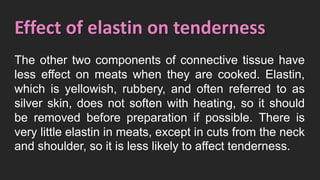 Effect of elastin on tenderness
The other two components of connective tissue have
less effect on meats when they are cooked. Elastin,
which is yellowish, rubbery, and often referred to as
silver skin, does not soften with heating, so it should
be removed before preparation if possible. There is
very little elastin in meats, except in cuts from the neck
and shoulder, so it is less likely to affect tenderness.
 
