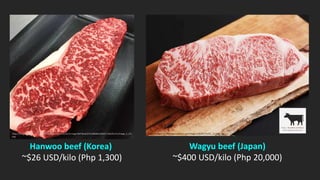 Hanwoo beef (Korea)
~$26 USD/kilo (Php 1,300)
https://www.jettfoods.com/media/catalog/product/cache/1/image/9df78eab33525d08d6e5fb8d27136e95/i/m/image_6_34.j
peg
Wagyu beef (Japan)
~$400 USD/kilo (Php 20,000)
https://images-na.ssl-images-amazon.com/images/I/912EETFn72L._SL1500_.jpg
 