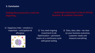 5. Conclusion
Getting the journey live is only the
beginning…
1) Happiness Halo – emotion is
important – anticipation &
afterglow
2) You need ongoing
investment to do
Optimisation – persistent
teams on a continuous cycle
with great tooling
3) Data, data, data – be clear
on your business outcomes,
customer needs and
measure everything
…continually improving it is key to driving
business & customer outcomes
 
