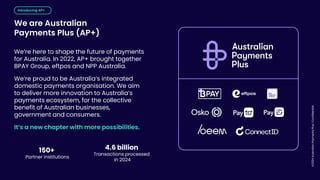 ©2024
Australian
Payments
Plus
|
Confidential
We are Australian
Payments Plus (AP+)
We’re here to shape the future of payments
for Australia. In 2022, AP+ brought together
BPAY Group, eftpos and NPP Australia.
We’re proud to be Australia’s integrated
domestic payments organisation. We aim
to deliver more innovation to Australia’s
payments ecosystem, for the collective
benefit of Australian businesses,
government and consumers.
It’s a new chapter with more possibilities.
Introducing AP+
150+
Partner institutions
4.6 billion
Transactions processed
in 2024
 