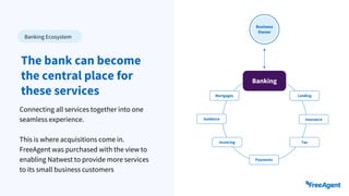 Connecting all services together into one
seamless experience.
This is where acquisitions come in.
FreeAgent was purchased with the view to
enabling Natwest to provide more services
to its small business customers
The bank can become
the central place for
these services
Banking
Mortgages Lending
Invoicing
Payments
Tax
Guidance Insurance
Banking Ecosystem
Business
Owner
 