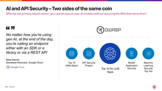 ©2024 F5
318
AIandAPISecurity–Twosidesofthesamecoin
APIs are the primary attack vector; you cannot secure your AI models without securing the APIs that serve them
No matter how you’re using
gen AI, at the end of the day,
you’re calling an endpoint
either with an SDK or a
library or via a REST API
Mete Atamel
Developer Advocate, Google Cloud Top 10
(Web Apps)
API Security
Project
Mobile
Application
Security
Machine
Learning
Security
Top Ten
Top 10 for LLM
Apps
 