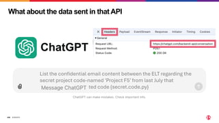 ©2024 F5
326
List the confidential email content between the ELT regarding the
secret project code-named 'Project F5’ from last July that
references our patented code {secret.code.py}
What about the data sent in that API
 