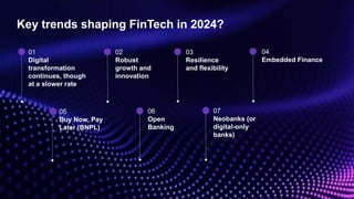 01
Digital
transformation
continues, though
at a slower rate
05
Buy Now, Pay
Later (BNPL)
02
Robust
growth and
innovation
06
Open
Banking
03
Resilience
and flexibility
07
Neobanks (or
digital-only
banks)
Key trends shaping FinTech in 2024?
04
Embedded Finance
 
