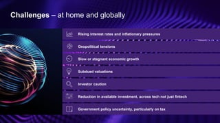 Challenges – at home and globally
Rising interest rates and inflationary pressures
Geopolitical tensions
Slow or stagnant economic growth
Subdued valuations
Investor caution
Reduction in available investment, across tech not just fintech
Government policy uncertainty, particularly on tax
 