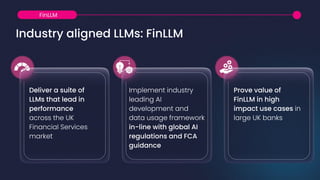 Industry aligned LLMs: FinLLM
Deliver a suite of
LLMs that lead in
performance
across the UK
Financial Services
market
Implement industry
leading AI
development and
data usage framework
in-line with global AI
regulations and FCA
guidance
Prove value of
FinLLM in high
impact use cases in
large UK banks
FinLLM
 