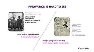 INNOVATION IS HARD TO SEE
There is often a gap between
A GAME CHANGER
People being convinced that
THE GAME HAS CHANGED
…but no one paid
attention
to the first flight.
Those who saw it
thought
it was a gimmick.
Mainstream reporters
only broke the story after
The Wright Bros. conquered
human flight on Dec 17th, 1903
LITERALLY ONE
OF THE MOST
IMPORTANT EVENTS IN
HUMAN HISTORY!
 