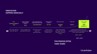 Then maybe only
startups will use it…
But they won’t use
it for anything
real…
Then it was
enterprises will
never use it…
Then enterprises will
never use it for
anything mission
critical…
First, they said
no one will use
it…
“
…Companies voted with their
workloads and now
competitors are six or seven
years late.
ANDY JASSY
”
First, They’ve heard of
you, but think
you’re
They understand your
product, but think it has
They view your
product
They see it as an They start They couldn’t
imagine
First, they said no
one will use it…
Then maybe only
startups will use it…
But they won’t
use it for
anything real…
Then it was
enterprises will
never use it…
Then enterprises
will never use it for
anything mission
critical…
…Companies voted with their
workloads and now competitors are
six or seven years late.
ANDY JASSY
INNOVATION
HAPPENS GRADUALLY
THIS PROCESS OFTEN
TAKES YEARS!
NO ONE’S HEARD OF
YOU
NUTS
NO OPPORTUNITY AS A TOY AMAZING
TOY
USING IT LIFE
WITHOUT IT
 