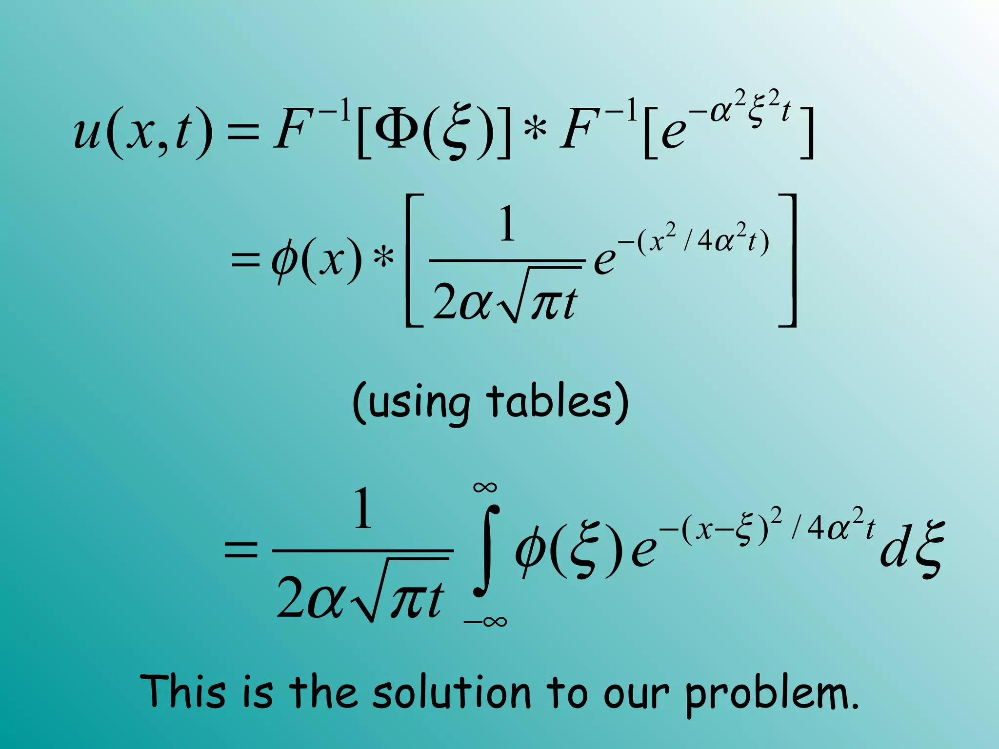 2 2
1 1
( , ) [ ( )] [ ]t
u x t F F e α ξ
ξ− − −
= Φ ∗
2 2
( / 4 )1
( )
2
x t
x e
t
α
φ
α π
− 
= ∗  
 
2 2
( ) / 41
( )
2
x t
e d
t
ξ α
φ ξ ξ
α π
∞
− −
−∞
= ∫
(using tables)
This is the solution to our problem.
 