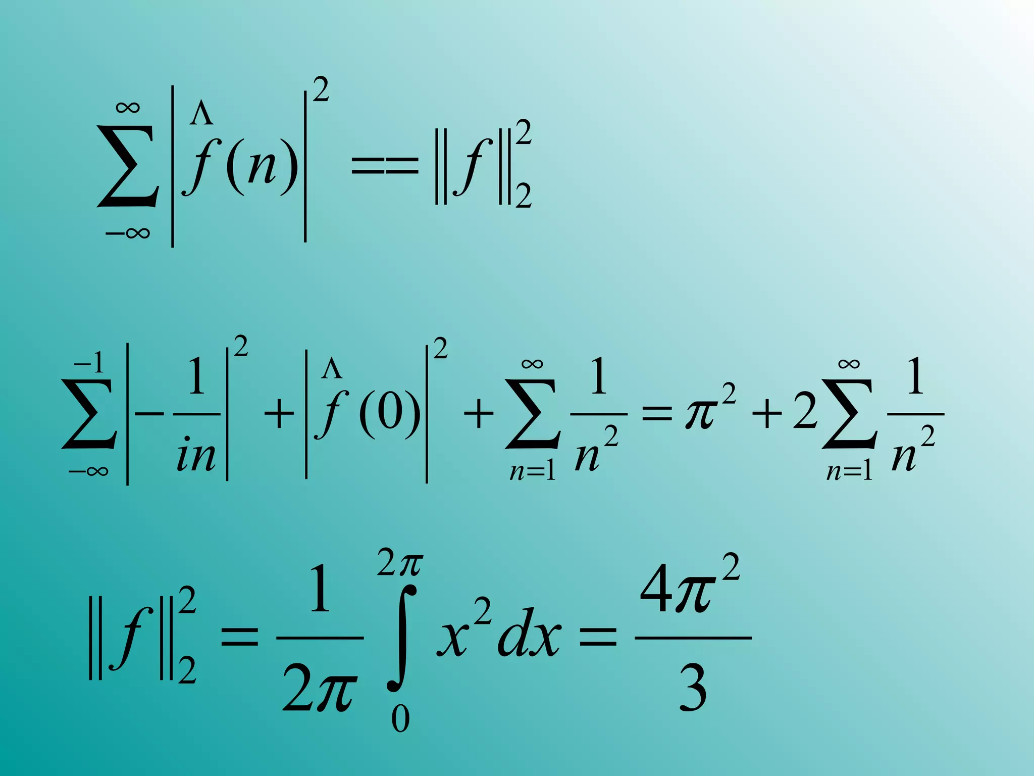 2
2
2
( )f n f
∞ Λ
−∞
==∑
2 21
2
2 2
1 1
1 1 1
(0) 2
n n
f
in n n
π
− ∞ ∞Λ
−∞ = =
− + + = +∑ ∑ ∑
2 2
2 2
2
0
1 4
2 3
f x dx
π
π
π
= =∫
 