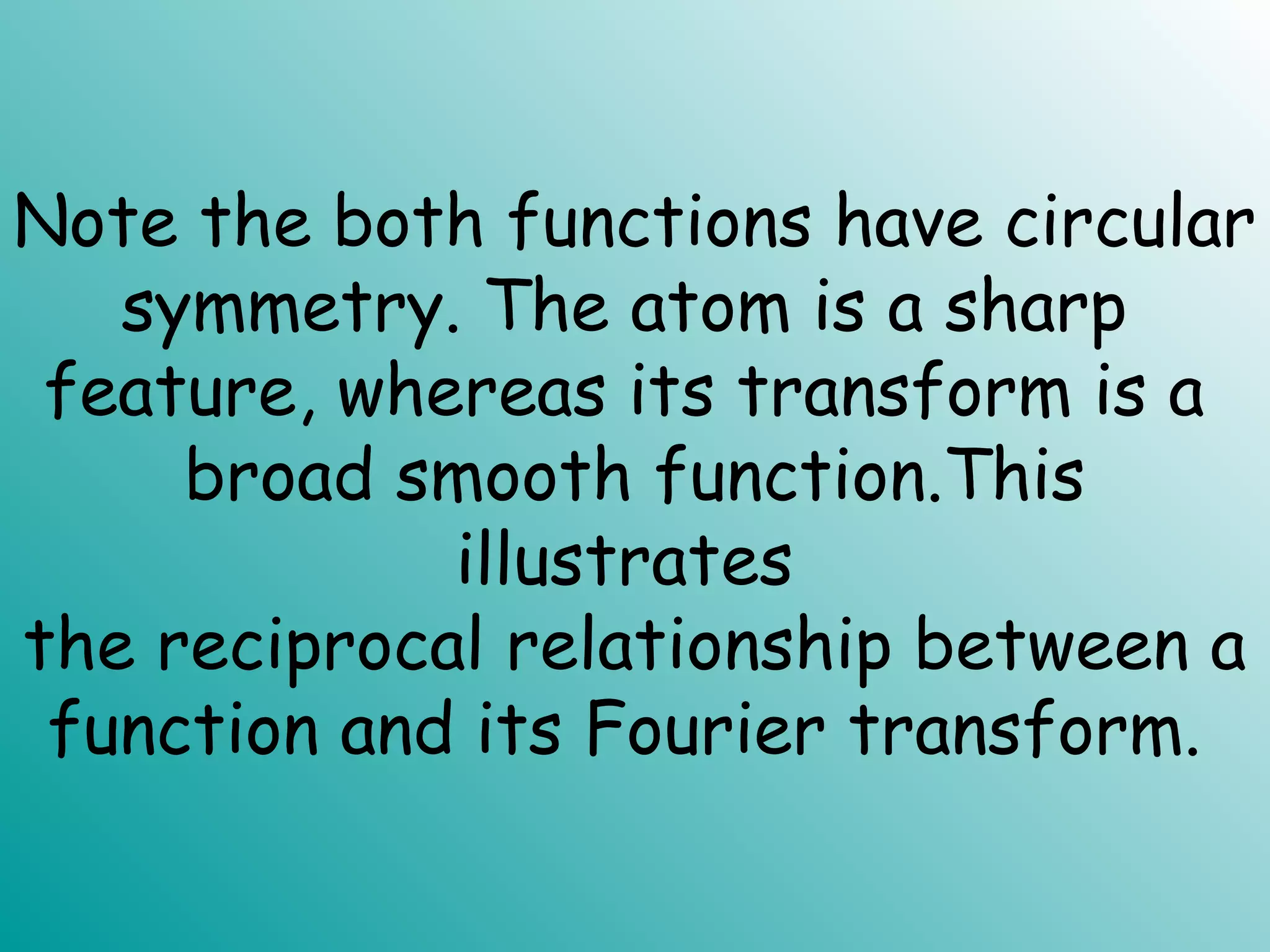 Note the both functions have circular
symmetry. The atom is a sharp
feature, whereas its transform is a
broad smooth function.This
illustrates
the reciprocal relationship between a
function and its Fourier transform.
 