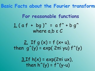 1. ( a f + bg )^ = a f^ + b g^
where a,b ε C
2. If g (x) = f (x+ u),
then g^(y) = exp( 2πi yu) f^(y)
3.If h(x) = exp(2πi ux),
then h^(y) = f^(y-u)
Basic Facts about the Fourier transform
For reasonable functions
 