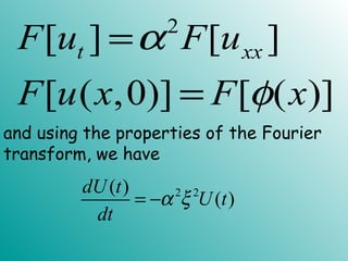2
[ ] [ ]
[ ( ,0)] [ ( )]
t xxF u F u
F u x F x
α
φ
=
=
and using the properties of the Fourier
transform, we have
2 2( )
( )
dU t
U t
dt
α ξ= −
 