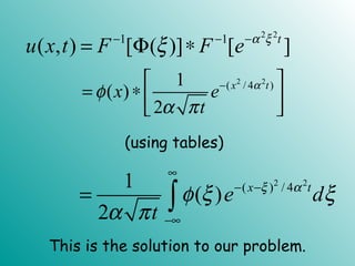 2 2
1 1
( , ) [ ( )] [ ]t
u x t F F e α ξ
ξ− − −
= Φ ∗
2 2
( / 4 )1
( )
2
x t
x e
t
α
φ
α π
− 
= ∗  
 
2 2
( ) / 41
( )
2
x t
e d
t
ξ α
φ ξ ξ
α π
∞
− −
−∞
= ∫
(using tables)
This is the solution to our problem.
 