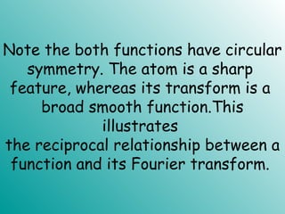 Note the both functions have circular
symmetry. The atom is a sharp
feature, whereas its transform is a
broad smooth function.This
illustrates
the reciprocal relationship between a
function and its Fourier transform.
 