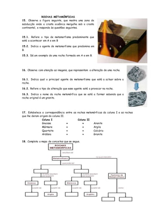 ROCHAS METAMÓRFICAS
15. Observa a figura seguinte, que mostra uma zona de
subducção onde a crosta oceânica mergulha sob a crosta
continental, e responde às questões seguintes.
15.1. Refere o tipo de metamorfismo predominante que
está a acontecer em A e em B
15.2. Indica o agente de metamorfismo que predomina em
B.
15.3. Dá um exemplo de uma rocha formada em A e em B.
16. Observa com atenção as imagens, que representam a alteração de uma rocha.
16.1. Indica qual o principal agente de metamorfismo que está a actuar sobre a
rocha.
16.2. Refere o tipo de alteração que esse agente está a provocar na rocha.
16.3. Indica o nome da rocha metamórfica que se está a formar sabendo que a
rocha original é um granito.
17. Estabelece a correspondência entre as rochas metamórficas da coluna I e as rochas
que lhe deram origem da coluna II.
Coluna I Coluna II
Gnaisse   Arenito
Mármore   Argila
Quartzito   Calcário
Ardósia   Granito
18. Completa o mapa de conceitos que se segue.
 