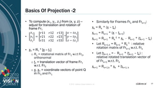 © 2019 Cadence Design Systems, Inc
Basics Of Projection -2
• To compute (x1, y1, z1) from (x, y, z) –
adjust for translati...