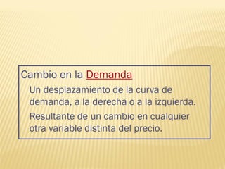 Cambio en la Demanda
Un desplazamiento de la curva de
demanda, a la derecha o a la izquierda.
Resultante de un cambio en cualquier
otra variable distinta del precio.
 