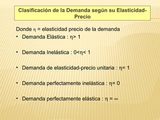Clasificación de la Demanda según su Elasticidad-
Precio
Donde η = elasticidad precio de la demanda
• Demanda Elástica : η> 1
• Demanda Inelástica : 0<η< 1
• Demanda de elasticidad-precio unitaria : η= 1
• Demanda perfectamente inelástica : η= 0
• Demanda perfectamente elástica : η = ∞
 