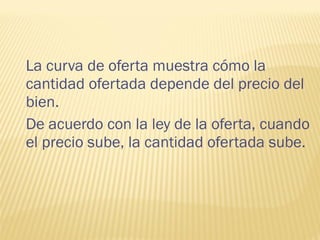 La curva de oferta muestra cómo la
cantidad ofertada depende del precio del
bien.
De acuerdo con la ley de la oferta, cuando
el precio sube, la cantidad ofertada sube.
 