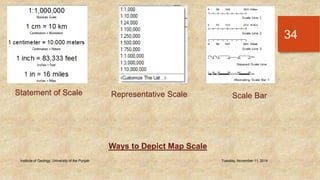 Institute of Geology, University of the Punjab Tuesday, November 11, 2014 
34 
Statement of Scale Representative Scale Scale Bar 
Ways to Depict Map Scale 
 
