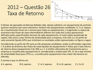 2012 – Questão 26
Taxa de Retorno
O diretor de operações da Biomais Bebidas Ltda. deseja substituir um equipamento de controle
químico mecânico por outro eletrônico. Existem três equipamentos candidatos: X, Y e Z. Apesar
de o investimento inicial ser o mesmo para todos os equipamentos, a magnitude e a época de
ocorrência dos fluxos de caixa intermediários diferem em razão dos custos operacionais
definidos pelas especificações técnicas de cada equipamento. O custo médio ponderado de
capital, tido como a taxa mínima de atratividade para a empresa, é de 23% a.a. Os perfis de
valor presente líquido (VPL) que sintetizam os resultados estão representados na figura a seguir.
Considerando os perfis de VPL para as três propostas candidatas, avalie as afirmações seguintes.
I. A análise da dinâmica dos fluxos de caixa líquidos do equipamento Y indica que a taxa interna
de retorno desse equipamento é de 34% a.a. II. A melhor alternativa de investimento para a
empresa é a escolha pelo equipamento X, considerando a análise pelo VPL. III. Se a taxa mínima
de atratividade fosse para 27% a.a., a escolha pelo equipamento mais viável não deveria ser
alterada.
É correto o que se afirma em
A II, apenas. B III, apenas. C I e II, apenas. D I e III, apenas. E I, II e III
 