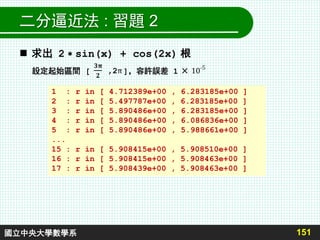 151國立中央大學數學系
二分逼近法 : 習題 2
1 : r in [ 4.712389e+00 , 6.283185e+00 ]
2 : r in [ 5.497787e+00 , 6.283185e+00 ]
3 : r in [ 5.890486e+00 , 6.283185e+00 ]
4 : r in [ 5.890486e+00 , 6.086836e+00 ]
5 : r in [ 5.890486e+00 , 5.988661e+00 ]
...
15 : r in [ 5.908415e+00 , 5.908510e+00 ]
16 : r in [ 5.908415e+00 , 5.908463e+00 ]
17 : r in [ 5.908439e+00 , 5.908463e+00 ]
 求出 2 ∗ sin(x) + cos(2x) 根
設定起始區間 [ ]，容許誤差 1 ×
 