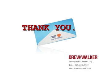 THANK YOU.THANK YOU.
Integrated MarketingIntegrated Marketing
Tel. 210.220.3739Tel. 210.220.3739
www.drew-walker.comwww.drew-walker.com
 