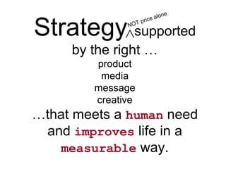 Strategy supported
by the right …
product
media
message
creative
…that meets a human need
and improves life in a
measurable way.
NOT price alone
 