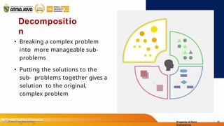 • Breaking a complex problem
into more manageable sub-
problems
• Putting the solutions to the
sub- problems together gives a
solution to the original,
complex problem
11
Property of Penn
Engineering
Decompositio
n
 