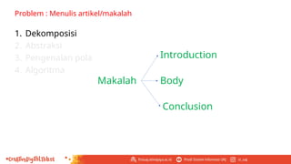 1. Dekomposisi
2. Abstraksi
3. Pengenalan pola
4. Algoritma
Problem : Menulis artikel/makalah
Makalah
Introduction
Body
Conclusion
 