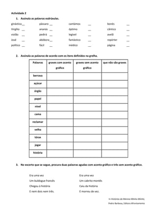 Actividade 2
    1. Assinala as palavras esdrúxulas.
ginástica __           pássaro __               cantámos         __              bonés             __
Virgílio __            ananás __                óptimo           __              cântico           __
violão   __            pedirá __                legível          __              avelã             __
José     __            abóbora __               fantástico       __              repórter          __
político __            fácil   __               médico           __              página            __


    2. Assinala as palavras de acordo com os itens definidos na grelha.

                 Palavras      graves com acento      graves sem acento       que não são graves
                                      gráfico                gráfico

                  berrava

                  açúcar

                   órgão

                   papel

                   nível

                   cama

                 reclamar

                   velha

                   tórax

                   jogar

                  história



    3. No excerto que se segue, procura duas palavras agudas com acento gráfico e três sem acento gráfico.


               Era uma vez                                Era uma vez
               Um buldogue francês                        Um cabrito montês
               Chegou à história                          Caiu da história
               E nem dois nem três.                       E morreu de vez.

                                                                                  In Histórias da Menina Minho-Minhó,
                                                                                  Pedro Barbosa, Editora Afrontamento
 