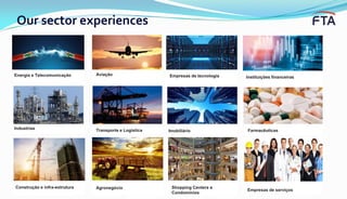 Our sector experiences
Construção e infra-estrutura
Energia e Telecomunicação
Transporte e Logística
Empresas de serviços
Aviação
Agronegócio
Imobiliário
Empresas de tecnologia
Shopping Centers e
Condomínios
Instituições financeiras
Farmacêuticas
Industrias
 