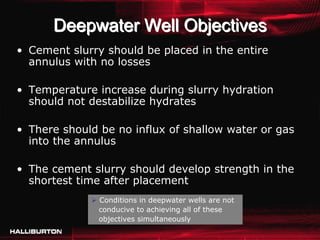 Deepwater Well Objectives
• Cement slurry should be placed in the entire
  annulus with no losses

• Temperature increase during slurry hydration
  should not destabilize hydrates

• There should be no influx of shallow water or gas
  into the annulus

• The cement slurry should develop strength in the
  shortest time after placement
               Conditions in deepwater wells are not
               conducive to achieving all of these
               objectives simultaneously
 